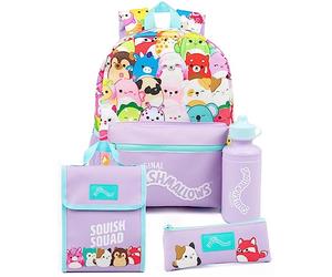 Squishmallows Backpack for Girls | Purple Animal Plushies Characters 4 piece Kids School Bag Logo Water Bottle | Plush Teddy Merchandise Gifts