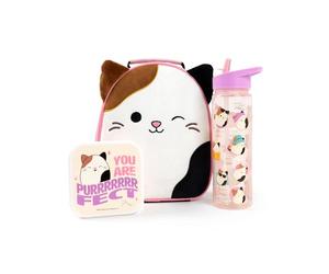 Squishmallows Girls Lunch Bag Set | Kids 3 Piece Bundle with Fluffy Dinner Bag, Water Bottle & Snack Pot | Childrens Plush Cam the Cat Zip Bag with 3D Ears in Pink & Purple | Back to School Gifts