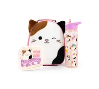 Squishmallows Girls Lunch Bag Set | Kids 3 Piece Bundle with Fluffy Dinner Bag, Water Bottle & Snack Pot | Childrens Plush Cam The Cat Zip Bag with 3D Ears in Pink & Purple | Back to School Gifts