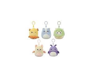 Squishmallows SQCR05530 3.5 Inch Clip-On 5 Pack-Blue Skunk, Cream Bat, Purple Beetle, Lime Greem Llama, Yellow Dumbo Octopus, Multicolour