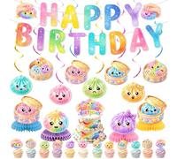 Squishy Birthday Party Decorations Dumpling Theme Party Decor with Hanging Swirls Happy Birthday Banner Honeycomb Centerpieces Colorful Squishy Party Supplies