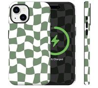 Sqweey Green Checkered Phone Case Compatible for iPhone 14 Compatible with MagSafe Girly Cute Aesthetic Heavy Duty Rugged Shockproof Glossy Protective Cover