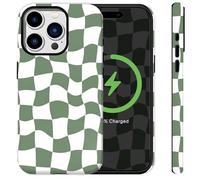 Sqweey Green Checkered Phone Case Compatible for iPhone 14 Pro Compatible with MagSafe Girly Cute Aesthetic Heavy Duty Rugged Shockproof Glossy Protective Cover