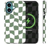 Sqweey Green Checkered Phone Case Compatible for iPhone 16 Plus Compatible with MagSafe Girly Cute Aesthetic Heavy Duty Rugged Shockproof Glossy Protective Cover
