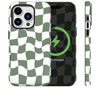 Sqweey Green Checkered Phone Case Compatible for iPhone 16 Pro Max Compatible with MagSafe Girly Cute Aesthetic Heavy Duty Rugged Shockproof Glossy Protective Cover