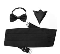 Sqxaldm Set of 3 Men's Cummerbund Bow Tie Pocket Square Pre-tied Bow for Suit Adjustable Men's Bow Tie Cummerbund Black with Bow Tie Colour Coordinated Shiny for Celebrations, black, L