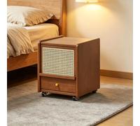 SQYHYTS 15.7in Solid Wood Rattan Nightstand With 2 Tiers Drawers Small Bedside Storage Unit Large-capacity Bedroom Storage Cabinet With 360° Swivel Casters Mobile Storage Cabinet