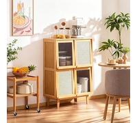 SQYHYTS 2-Tier Freestanding Storage Display Cabinet 100cm Bamboo Bookcase With Flip Type Cabinet Door Kitchen Cupboard Modern Living Room Dining Cabinet For Living Rooms, Entrances,Natural,70cm