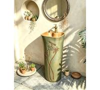 SQYHYTS Ceramic Pedestal Washbasin One-Piece Floor-Standing Washbasin With Tap And Drainage Kit 32.9" Tall Square Vintage-Style Sink Hand-Carved For Gardens, Hotels And Patios,A,37.5×37.5×83.5cm