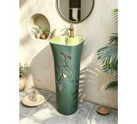 SQYHYTS Ceramic Pedestal Washbasin One-Piece Floor-Standing Washbasin With Tap And Drainage Kit 32.9" Tall Square Vintage-Style Sink Hand-Carved For Gardens, Hotels And Patios,B,37.5×37.5×83.5cm