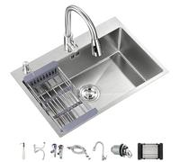 SQYHYTS Silver Stainless Steel Nano Undermount/Drop in Single Bowl Kitchen Sink with Pull-Out Faucet,Professional Grade Basin,Multi-Function Sink with Drainboard for Bar,Farmhouse,55 * 45 * 25cm