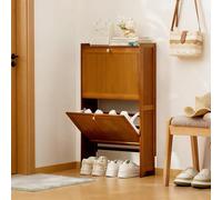 SQYHYTS Thin Bamboo Shoe Cabinet With Flip Type Cabinet Door 27.6'' Narrow Slim Free-standing Hidden Shoes Storage Entrance Shoe Cupboard For Entryway, Living Room, Hallway,Teak,50×17cm