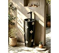 SQYHYTS Vintage Ceramic Pedestal Sink with Faucet And Drain Kit 32.3" Tall Free-Standing Vessel Sink Ceramic Bathroom Wash Basin One Piece Pedestal Sinks for Patios And Hotels,E,32×29×88cm