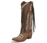 Sqzrkj Fringe Wide Calf Cowboy Boots for Women Knee-High Western Cowgirl Boots Chunky Heel Pointed Toe Rodeo Party Riding Festival Wear, Brown, 8 UK