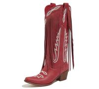 Sqzrkj Fringe Wide Calf Cowboy Boots for Women Knee-High Western Cowgirl Boots Chunky Heel Pointed Toe Rodeo Party Riding Festival Wear, Red, 8 UK