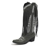 Sqzrkj Fringe Wide Calf Cowboy Boots for Women Knee-High Western Cowgirl Boots Chunky Heel Pointed Toe Rodeo Party Riding Festival Wear, Black, 5.5 UK