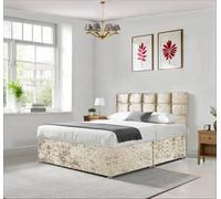 Sr Living Ltd Elegant Cream Crushed Velvet King Size Beds - Divan Bed Base With 26" Cube Headboard & Mattress - 5Ft King With 2 Storage Drawers