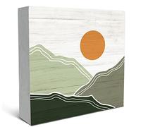 SRADMO Abstract Boho Sun Green Mountains Wood Box Sign, Desk Decor, Bohemian Nature Landscape Wooden Block Box Sign, 5x5 inches