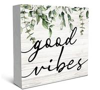 SRADMO Good Vibes Botanical Eucalyptus Leaves Wood Box Sign Desk Decor, Rustic Eucalyptus Leaves Wooden Block Box Sign Decoration For Home Office Shelf Table Decor