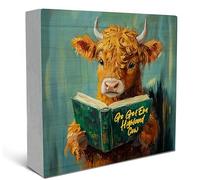 SRADMO Inspirational Desk Decor, Vintage Highland Cow Read Book Wood Box Sign Desk Decor, Go Get'em Highland Cow Motivational Theme Wooden Block Box Sign Decoration Accessories for Nursery Kids Room