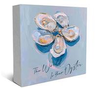 SRADMO Inspirational the World Is Your Oyster Wood Box Sign Desk Decor, Oyster Decor, Coastal Beach Motivational Theme Wooden Block Box Sign Decoration for Home Office Shelf Table