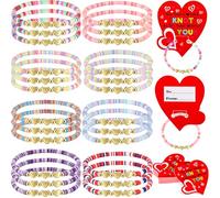 Sratte 24 Pcs Valentine's Day Neon Friendship Bracelets Bulk with 24 Pcs Heart Card Elastic Clay Bracelets for Valentine's Gifts Birthday Goodie Bag Stuffers