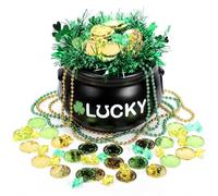 Sratte 308 Pcs St Patrick's Day Candy Cauldron Kettle with Handle Set, Pot of Gold Shamrock Coin Gem Leprechaun Clover Necklace Lucky Jewelry Treasure for Table Decor Centerpiece(Words Style,Black)