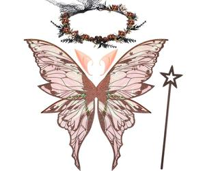 Sratte 4 Pcs Large Fairy Wings, 31.5 x 29 Inch Butterfly Wing with Elf Ears Floral Crown Star Wand for Adults Halloween Party