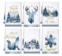 Sratte 6 Pcs Christmas Kitchen Towels Blue Winter Dish Towels,24 x 16 Inch | Absorbent Deer Pine Snow Hand Towel, Farmhouse Holiday Decor, Blue Tea Towel for Home Bathroom, Xmas Housewarming Gift