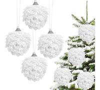 Sratte Christmas Flower Hanging Ornaments, Pinecone Ornament, White Flower, Glitter, Faux Flowers, 4 Pieces, 3.15 Inch