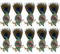 SRC Creations Radha Krishna & Mor Pankh Bansuri Brooch with Peacock Feather Stylish Lapel Pin pack, 3cm x 4cm (Feather size extra), Metal, No Gemstone