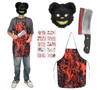 srclo Scary Bear Mask, Bloody Apron, Toy Kitchen Knife, Tattoo Sticker, for Halloween, Carnival, Includes Tattoo Sticker, Horror Bear Costume, Scary Bear Mask (Set Bear)