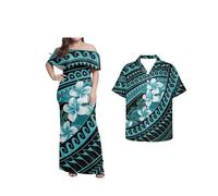 Srengjodk Polynesian Couple Matching Matching Hawaiian Outfits for Couples Polynesian Samoa Print Dress and Men's Shirt, Chic Blue Polynesia Tribal, XL
