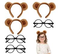 SrgPui 3 Pcs Bear Ears Headband+ 3 Pcs Black Round Frame Glasses, Plush Teddy Bear Party Hats, Cute Animal Costume Accessories for Cosplay, Photo Shoots, Gifts