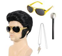 SrgPui 4-Piece Set Elvis Costume for Adults, Elvis Wig with Glasses, Microphone and Necklace, 50s 60s Rock n Roll Disco Party Outfit, Halloween Costume for Men