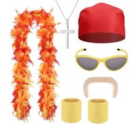 SrgPui 6 Pcs Hulk Hogan Costume, Wrestling Costume Set With Feather Boa, Mustache, Sunglasses, Wristbands, Red Bandana and Cross Necklace for Role Play And Halloween Themed Parties