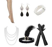 SrgPui Gatsby 1920s Accessories for Women, Roaring Twenties Costume Jewelry Set, Themed Party Accessories with Bracelet, Earrings, Gloves, Necklace, Headband and Stockings