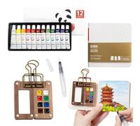 SrgPui Mini Watercolour Travel Set, with 8 Grids, Foldable Wooden mini watercolour Sets with Metal Clip, Watercolor Pen, Watercolour Painting Gift Set for Painters and Artists