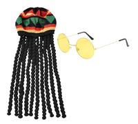 SrgPui Rasta Hat with Yellow Glasses, Dreadlock Wig and Funny Hat Set for Cosplay, Caribbean Fancy Dress Black Dreadlocks Wig Rasta Ha, Themed Parties and Carnival