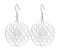 Sri Yantra Chakra Dangle Drop Earrings Hinduism Symbol Sacred Geometry Hoop Earrings Hindu Meditation Talisman Yoga Jewelry Religion Gift for Women, Medium, Stainless Steel, No Gemstone