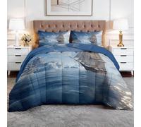 Srigzcaly 3D Nautical Landscape Coverless Duvet Queen Set 230x220cm, 7.5 Tog Comforter Set for Boys Teens Adults, Soft Reversible Vintage White Sailing Boat Iceberg Bed Quilt for All Seasons Bedding