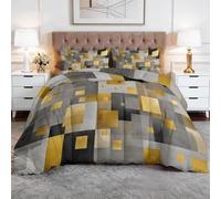 Srigzcaly Abstract Coverless Duvet Queen Size 7.5 Tog - 230x 220cm Geometric Gold Grey Squares Reversible Washable Quilt with 2 Pillowcases for Adults Unisex, Bedding Set for All Seasons