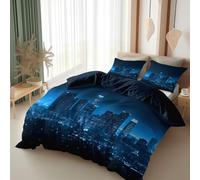 Srigzcaly Cot-bed Duvet Cover Set 120 x 150 cm, Microfiber Reversible City Skyscraper Night View Bedding Set with Pillowcases, Ultrasoft Luxury Non Iron Quilt Cover with Zipper Closure, Dark Blue
