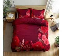 Srigzcaly Double Duvet Cover Set Floral botanical rose Premium Brushed Microfiber Reversible Red Duvet Cover (200 x 200 cm) 3 Pcs - Ultrasoft Hypoallergenic Non Iron Bedding Sets
