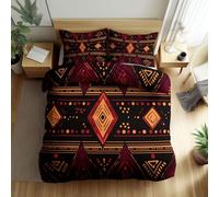 Srigzcaly Double Duvet Cover Set Reversible Dark maroon, Super Soft Cosy Comfy Brushed Microfiber Bedding, Tribal stripe print Duvet Cover Set 200 x 200 cm Bedding with 2 Pillowcases
