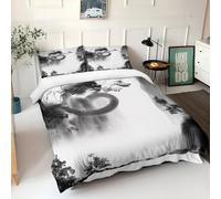 Srigzcaly Double Duvet Cover Set, Ultra Soft Comfy Microfibre Grey Reversible Bedding Set, Ink Painting Animal Dragon Print Quilt Covers 200 x 200 cm, Boys Kids Duvet Covers with Pillowcase