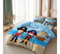 Srigzcaly Duvet Cover Cartoon Pirate Kid Beach Pirate Ship Single Bedding Quilt Size (135 x 200 cm) - Microfibre Easy Care Luxury Reversible Printed, Light Blue Duvet Cover Set