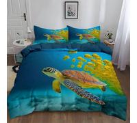Srigzcaly Duvet Cover Set 200 x 200 cm, Reversible Underwater Sea Turtle & Fish Bedding Double Bed Set With Pillowcase, Soft Microfiber Quilt Cover, Dark blue