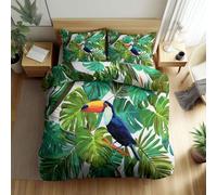 Srigzcaly Duvet Cover Sets Single Size 3 Pieces Green Bedding Set with Pillowcases, Soft Reversible Tropical plant animal toucan Quilt Cover with Zipper Closure for Teen Kids Boys Girls Adult
