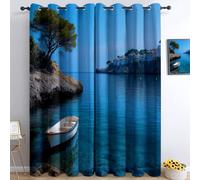 Srigzcaly Eyelet Curtains for Bedroom Living Room, Microfiber Blackout Curtains 72 Drop - Ocean Boat Natural Landscape Thermal Insulated Eyelet Window Drapes, 132 x 72 Inch (W X D), Blue